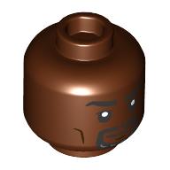 Minifigure, Head Dual Sided Black Eyebrows and Goatee, Dark Brown Cheek Lines and Chin Dimple, Grin / Open Mouth Scowl with Teeth Pattern - Vented Stud: {червеникаво-кафяв}