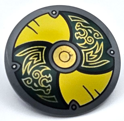 Minifigure, Shield Circular / Round Convex Face with Yellow and Dark Green Alternating Panels with Gold Center Circle and Odin's Wolves Pattern: {тъмно каменно сив}
