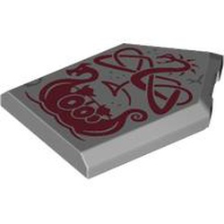 Tile, Modified 2 x 3 Pentagonal with Dark Red Dragon and Viking Ship Pattern: {умерено каменно сив}
