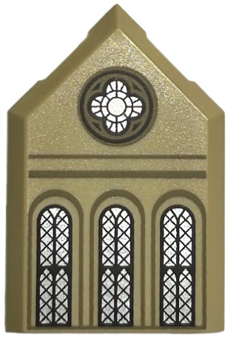 Tile, Modified 2 x 3 Pentagonal with Ornate Round and 3 Arched Silver Windows with Dark Brown Lattice, Dark Tan Arches and Lines Pattern: {тухлено жълт}