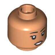 Minifigure, Head Female Black Eyebrows, Eyelashes, Dark Orange Lips, Tan Hearing Aid on Left, Open Mouth Smile with Teeth Pattern: {нуга}