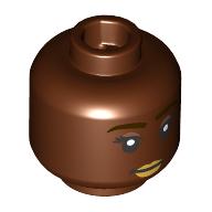 Minifigure, Head Dual Sided Female Dark Brown Eyebrows, Black Eyelashes, Copper Eye Shadow, Gold Lips, Closed Mouth Smile / Open Mouth Grin with Teeth Pattern: {червеникаво-кафяв}