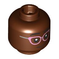 Minifigure, Head Dual Sided Female Black Eyebrows and Eyelashes, Metallic Pink and Silver Glasses, Closed Mouth Smile / Open Mouth Grin with Teeth, No Glasses Pattern: {червеникаво-кафяв}