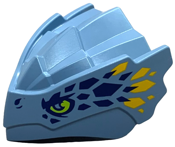Dragon Head (Ninjago) with Stepped Top and Pin Hole on Back with Lime Eyes, Dark Blue and Bright Light Orange Scales Pattern: {пясъчно син}