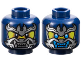 Minifigure, Head Dual Sided Yellow Face, Silver Samurai Mask, Black Eyes / Dark Azure Eyes and Teeth Pattern - Vented Stud: {земно син}