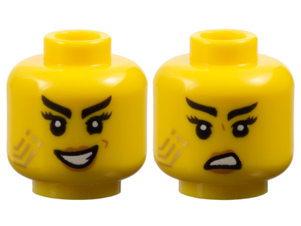 Minifigure, Head Dual Sided Female Black Eyebrows, Long Eyelashes, Medium Nougat Lips, Gold Stripes Tattoo, Evil Open Mouth Smile with Teeth / Scowl Pattern - Vented Stud: {ярко жълт}