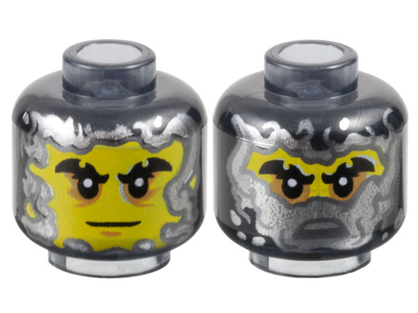 Minifigure, Head Dual Sided Yellow Face, Black Notched Eyebrows, Medium Nougat Eye Shadow, Neutral / Silver Half Mask Pattern - Vented Stud: {прозрачно черен}