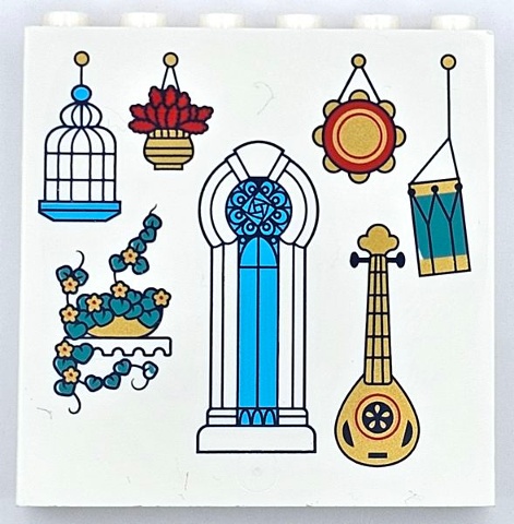 Panel 1 x 6 x 5 with Dark Turquoise and Red Plant, Gold Lute, Medium Azure Bird Cage and Arched Window, Mirror and Drum Pattern: {бял}