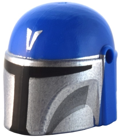 Minifigure, Headgear Helmet with Holes, SW Mandalorian with Silver 'V' and Mask, Dark Bluish Gray Cheek Indents and Black Visor Pattern: {ярко син}