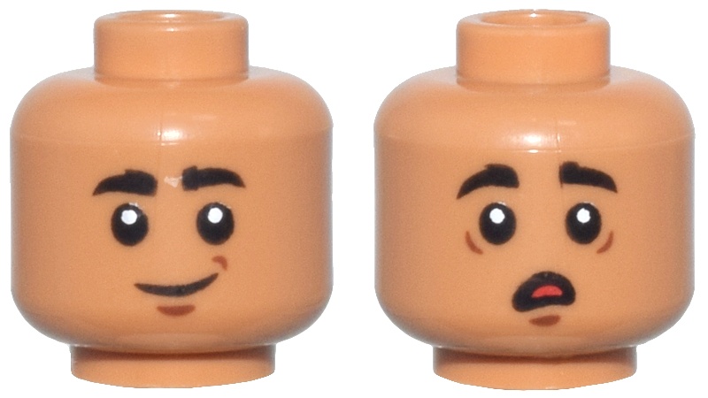 Minifigure, Head Dual Sided Thick Black Eyebrows, Reddish Brown Chin Dimple, Grin / Scared Open Mouth with Red Tongue Pattern: {умерен нуга}