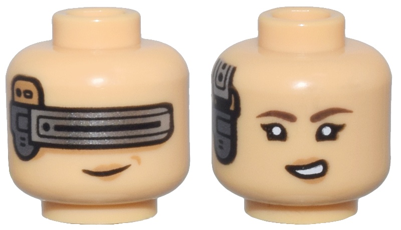 Minifigure, Head Dual Sided Female Dark Silver and Silver Mechanical Device, Nougat Lips, Visor and Grin / Dark Brown Eyebrows, Black Single Eyelashes, Lopsided Open Mouth Smile with Teeth Pattern: {умерен тан}