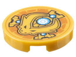 Tile, Round 2 x 2 with Bottom Stud Holder with Dragon Head with Horns and Black Eyes, Dark Azure and White Nuts and Gear in Circle Pattern: {топло златист}