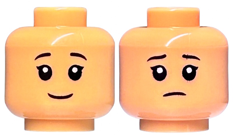 Minifigure, Head Dual Sided Child Female Black Eyebrows, Single Eyelashes, Grin / Sad Frown Pattern: {умерен тан}