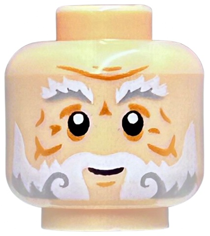 Minifigure, Head White and Light Bluish Gray Bushy Eyebrows and Beard, Medium Nougat Wrinkles, Chin Dimple and Cheek Lines, Grin Pattern: {светло нуга}