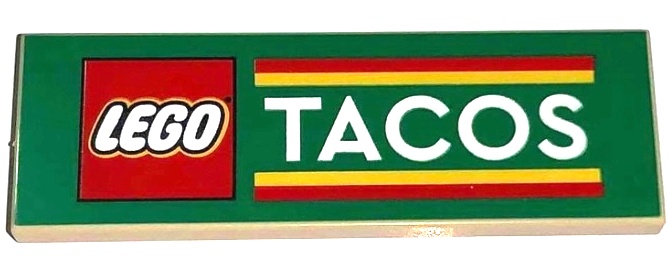 Tile 2 x 6 with LEGO Logo, White 'TACOS', and Red and Yellow Stripes Pattern: {тухлено жълт}