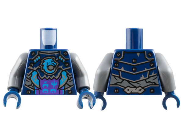 Torso Armor Plates with Silver Trim and Blades, Dark Azure Wolf and Ninjago Logogram 'WO' and 'MO' Pattern / Dark Bluish Gray Arms / Dark Blue Hands: {земно син}
