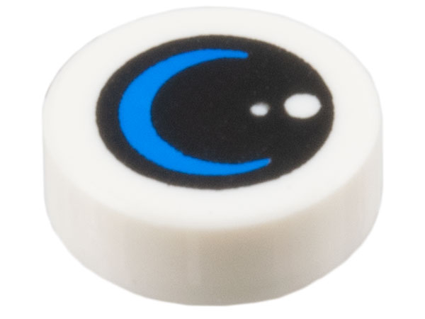 Tile, Round 1 x 1 with Black Lens / Circle with Dots and Blue Crescent Moon Pattern: {бял}