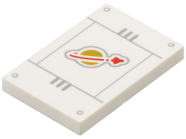 Tile 2 x 3 with Gold and Red Classic Space Logo on Panel with Light Bluish Gray Lines and Rivets Pattern: {бял}