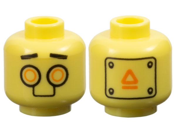 Minifigure, Head Alien Robot Black Straight Eyebrows, Orange Circle Eyes, Warning Panel on Back Pattern: {студено жълт}