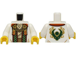 Torso Robe with Dark Green and Dark Orange Trim, Tan Shirt, Gold Chain with Tags with Ninjago Logogram Letter L Pattern / White Arms / Yellow Hands: {бял}