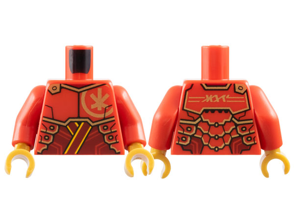 Torso Armor Plates with Gold Ninjago Logogram 'K' on Front and 'KAI' on Back over Dark Red Tunic with Bright Light Orange Trim Pattern / Red Arms / Pearl Gold Hands: {ярко червен}
