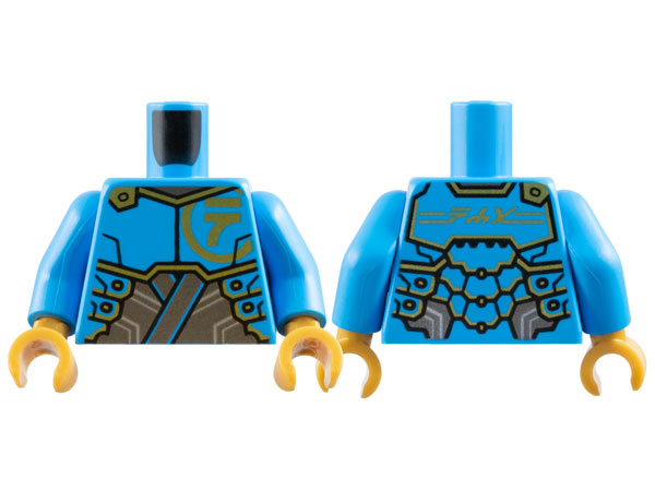 Torso Armor Plates over Pearl Dark Gray Tunic, Gold Trim and Ninjago Logogram Letter N, 'NYA' on Back Pattern / Dark Azure Arms / Pearl Gold Hands: {тъмно небесносин}
