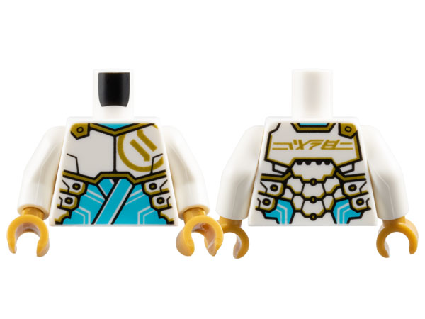Torso Armor Plates with Gold Ninjago Logogram 'Z' on Front and 'ZANE' on Back over Medium Azure Tunic Pattern / White Arms / Pearl Gold Hands: {бял}
