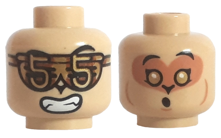Minifigure, Head Dual Sided Alien Black Eyebrows, Glasses with Number 5, Open Mouth with Teeth / Gold Eyes, Nougat Face, Singing Pattern - Hollow Stud: {тухлено жълт}