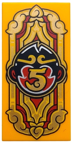 Tile 2 x 4 with Banner with Ornaments and Black and Red Monkie Kid Head Logo with Gold Number 5 Pattern: {огнено жълто-оранжев}