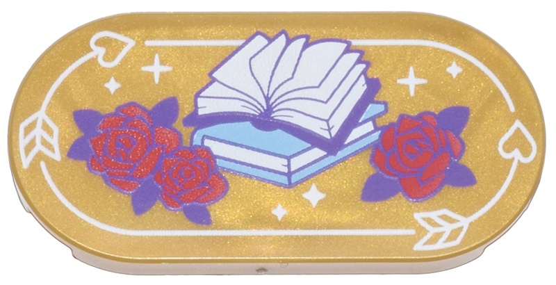 Tile, Round 2 x 4 Oval with Red Roses with Dark Purple Leaves, Medium Blue and Dark Purple Books with White Pages, Arrows with Hearts Pattern: {топло златист}