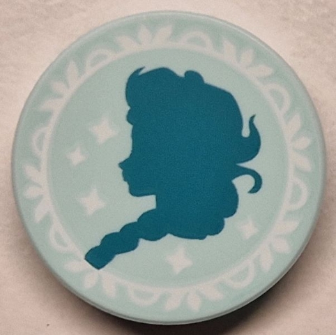 Tile, Round 2 x 2 with Bottom Stud Holder with Dark Turquoise Elsa Silhouette and White Frame and Sparkles Pattern: {аквамарин}