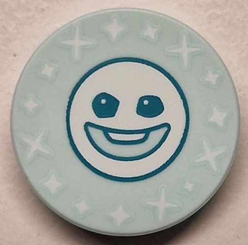 Tile, Round 2 x 2 with Bottom Stud Holder with Dark Turquoise Snowgie Face and White Sparkles Pattern: {аквамарин}