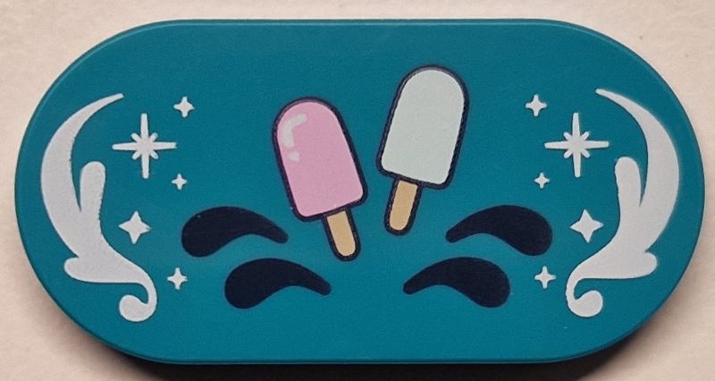 Tile, Round 2 x 4 Oval with Bright Pink and Light Aqua Popsicles, Dark Blue Drops, White Ornaments and Sparkles Pattern: {ярко синьо-зелен}