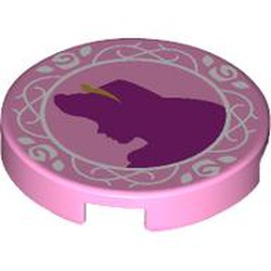 Tile, Round 2 x 2 with Bottom Stud Holder with Magenta Aurora Silhouette, Gold Tiara, and White Roses and Thorns Pattern: {светло пурпурен}