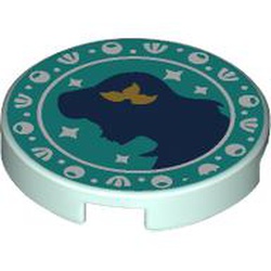 Tile, Round 2 x 2 with Bottom Stud Holder with Dark Blue Ariel Silhouette, Gold Flower, and White Seashells on Dark Turquoise Background Pattern: {аквамарин}