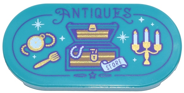 Tile, Round 2 x 4 Oval with Gold Treasure Chest, Watch, Fork, and Candelabra, White Sparkles and 'STORE' Banner and Dark Purple 'ANTIQUES' Pattern: {ярко синьо-зелен}