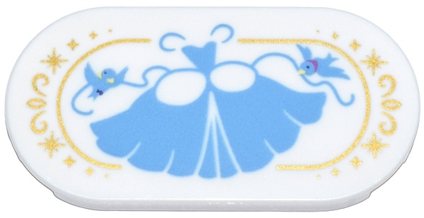 Tile, Round 2 x 4 Oval with Medium Blue Ball Gown, Birds, and Ribbons, Gold Border and Sparkles Pattern: {бял}