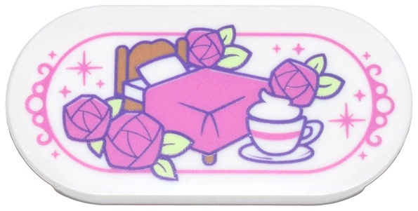 Tile, Round 2 x 4 Oval with Dark Pink Bed, Roses, Sparkles and Striped Tea Cup Pattern: {бял}