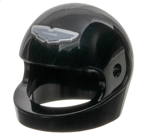 Minifigure, Headgear Helmet Motorcycle (Standard) with Silver and White Aston Martin Logo Pattern: {черен}