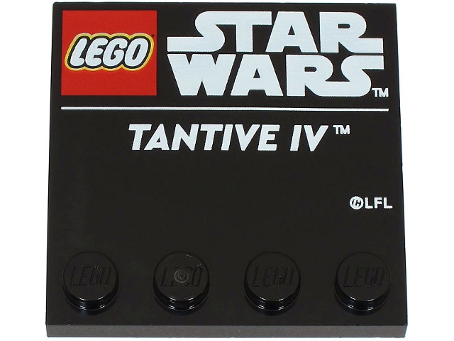Tile, Modified 4 x 4 with Studs on Edge with LEGO Star Wars Logo and White 'TANTIVE IV' Pattern: {черен}