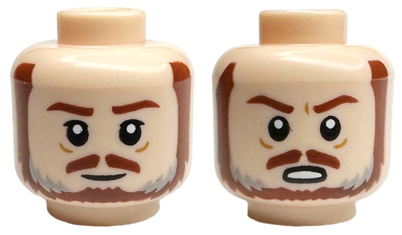 Minifigure, Head Dual Sided Reddish Brown Eyebrows, Moustache and Beard with Light Bluish Gray Highlights, Grin / Angry Open Mouth with Teeth Pattern: {светло нуга}