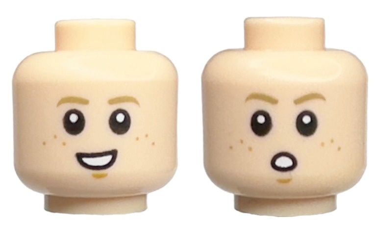 Minifigure, Head Dual Sided Child Dark Tan Eyebrows, Medium Nougat Freckles and Chin Dimple, Open Mouth Smile with Teeth / Surprised Pattern: {светло нуга}