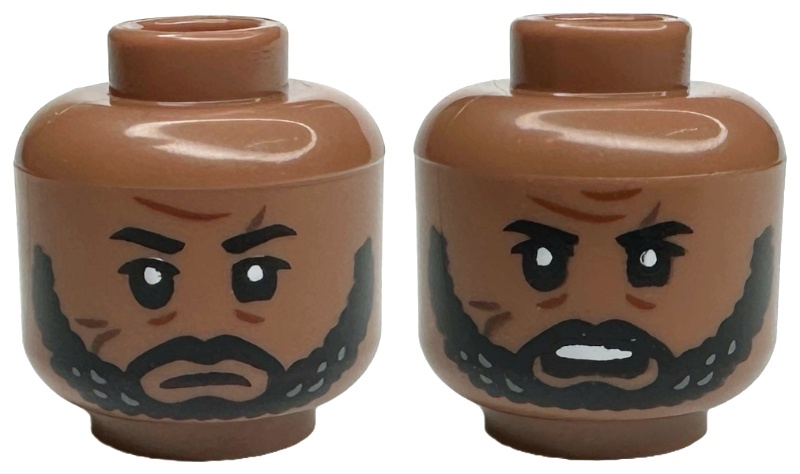 Minifigure, Head Dual Sided Black Eyebrows, Upper Eyelids, Moustache and Beard, Reddish Brown Wrinkles, Dark Brown Scars, Furrowed Brow, Frown / Angry Open Mouth with Top Teeth Pattern: {умерено кафяв}