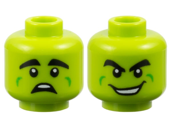 Minifigure, Head Dual Sided Alien, Thick Black Eyebrows, Bright Green Cheek Dimples, Scared / Wide Grin with Teeth Pattern: {ярко жълто-зелен}