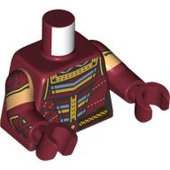 Torso Female Shirt with Center Panel with Gold and Sand Blue Stripes, Dark Brown Belt with Circle Buckle, Black Shoulders and Neck Pattern / Dark Red Arms with Molded Medium Tan Short Sleeves and Printed Dark Red Shoulders, Gold Trim and Straps on Gauntle: {нов тъмно червен}