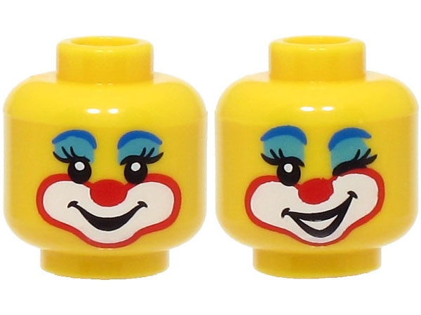 Minifigure, Head Dual Sided Female Clown Blue Eyebrows, Medium Azure Eye Shadow, Red Nose, Smile / Open Mouth and Wink Pattern (BAM): {ярко жълт}