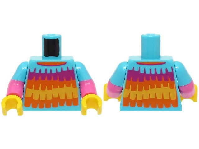 Torso Shirt with Magenta, Orange and Yellow Stripes with Fringe Pattern (BAM) / Dark Pink Arms with Molded Medium Azure Short Sleeves Pattern / Yellow Hands: {умерено небесносин}