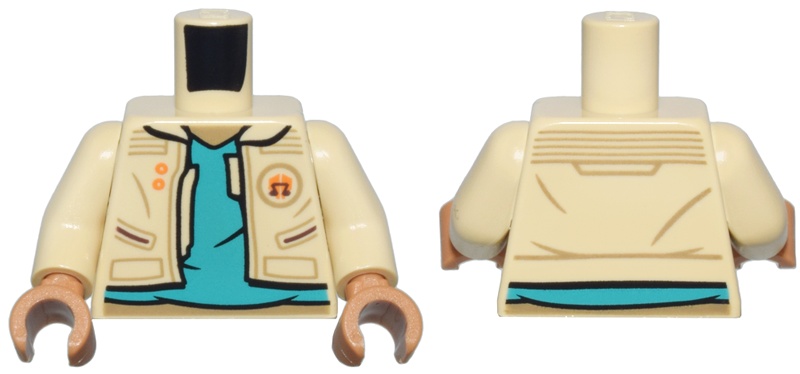 Torso Jacket Open, Pockets, Orange Buttons and Badge over Dark Turquoise Shirt, Medium Nougat Neck Pattern / Tan Arms / Medium Nougat Hands: {тухлено жълт}