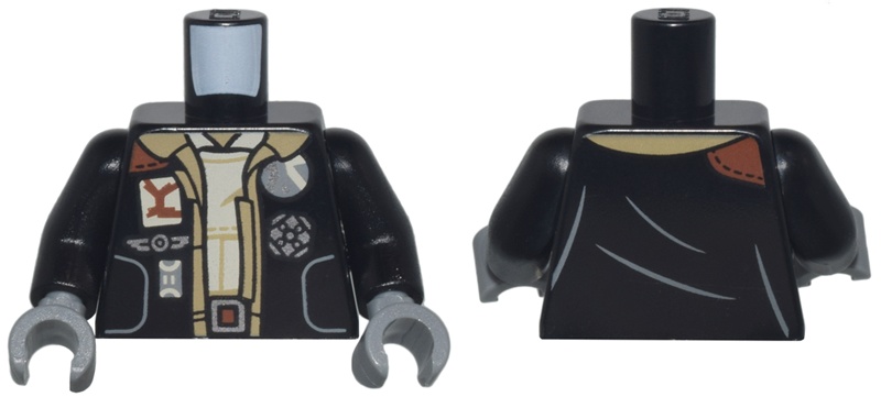Torso Jacket with Buttons and Badges over Dark Tan Open Shirt and Tan Shirt Pattern / Black Arms / Dark Bluish Gray Hands: {черен}