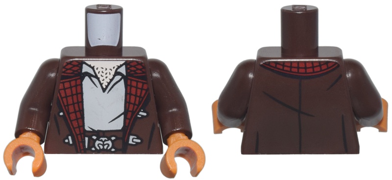 Torso Jacket with Clasps and Dark Red Plaid Lining over Light Bluish Gray Shirt, Light Nougat Neck with Chest Hair, Belt with Buckle Pattern / Dark Brown Arms / Dark Orange Hands: {тъмно кафяв}
